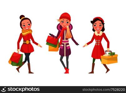 Christmas shopping, female girlfriends shoppers vector. Ladies walking and talking, winter holidays preparation, buying gifts from stores with sale. Christmas Shopping, Female Girlfriends Shoppers