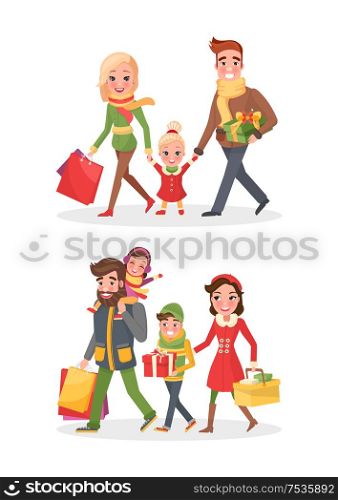 Christmas shopping happy and smiling family buying day. Woman with colored packages, little child between mum and dad with present, man with gift vector. Christmas Shopping Happy Family Buying Day Vector
