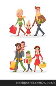 Christmas shopping happy and smiling family buying day. Woman with colored packages, little child between mum and dad with present, man with gift vector. Christmas Shopping Happy Family Buying Day Vector