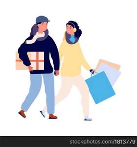 Christmas shopping. Happy couple buy holiday gifts. Isolated flat woman man with bags and present box, family walking from mall vector illustration. Couple christmas with pack gift to holiday. Christmas shopping. Happy couple buy holiday gifts. Isolated flat woman man with bags and present box, family walking from mall vector illustration