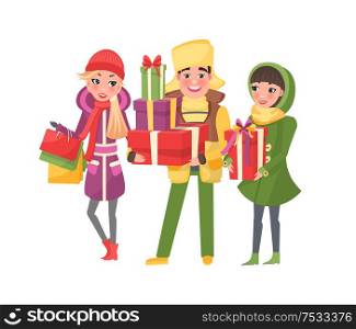 Christmas shopping happy people with presents vector. Xmas preparation, winter holiday approaching, man carrying gift boxes decorated with tape bows. Christmas Shopping Happy People with Presents