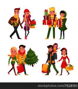 Christmas shopping, holiday preparation in winter set on white background. People buying fir evergreen tree and presents. Couple with bought items in paper bags and kids. Christmas Shopping, Holiday Preparation in Winter