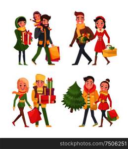 Christmas shopping, holiday preparation in winter set. People buying fir evergreen tree and presents. Couple with bought items in paper bags and kids. Christmas Shopping, Holiday Preparation in Winter