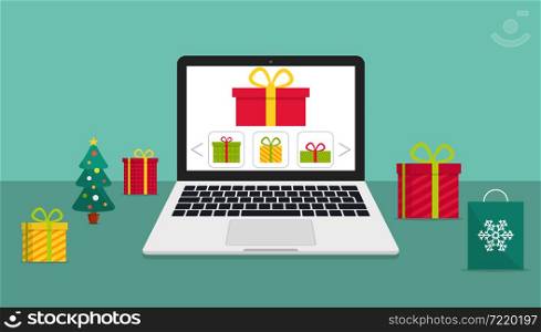 Christmas shopping in laptop. Online xmas gift in eshop. Shop with christmas discount in computer. Buy present in internet with delivery for holiday from office or home in quarantine. Vector.. Christmas shopping in laptop. Online xmas gift in eshop. Shop with christmas discount in computer. Buy present in internet with delivery for holiday from office or home in quarantine. Vector