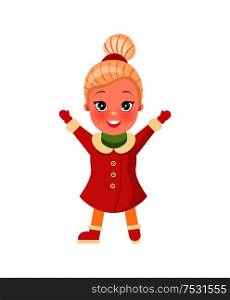 Christmas shopping. Little happy and smiling girl standing with hands raised up. Red dress with mittens and shoes, blonde hair and dark eyes vector. Christmas Shopping Smiling Girl in Clothes Vector