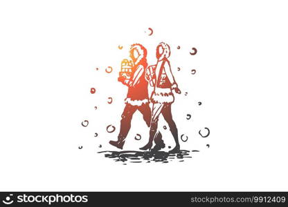 Christmas, shopping, man, woman, gifts concept. Hand drawn couple walking with gifts in hands concept sketch. Isolated vector illustration.. Christmas, shopping, man, woman, gifts concept. Hand drawn isolated vector.