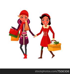 Christmas shopping of best friends, girl shoppers vector. Person walking with package in hands, close females customers. Winter holidays presents. Christmas Shopping of Best Friends, Girl Shoppers