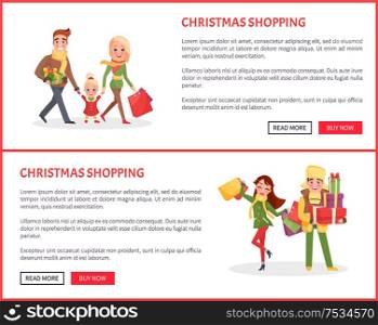 Christmas shopping of family and couple web pages vector. Mother and father holding children carrying packages to celebrate winter holiday approaching. Christmas Shopping of Family and Couple Web Pages