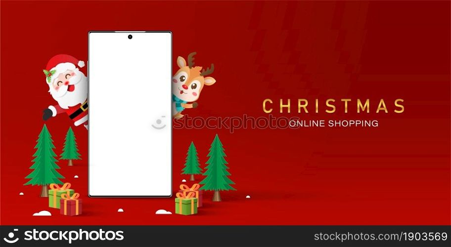 Christmas shopping online on smartphone concept, Blank screen smartphone with Santa Claus and reindeer, Merry Christmas