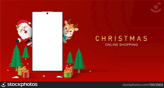 Christmas shopping online on smartphone concept, Blank screen smartphone with Santa Claus and reindeer, Merry Christmas