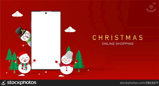 Christmas shopping online on smartphone concept, Blank screen smartphone with Snowman, Merry Christmas
