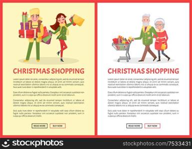 Christmas shopping pages, elderly people with cart buying goods vector. Lady with present in hands, man carrying gift boxes, xmas holiday preparation. Christmas Shopping Pages, Elderly People with Cart
