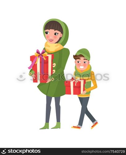 Christmas shopping, people customers in cartoon style. Vector mother and son do shopping together. Young mom and boy with wrapped gift boxes, packages. Mother and Son Do Shopping Together. Mom and Boy