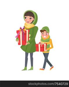 Christmas shopping, people customers in cartoon style. Vector mother and son do shopping together. Young mom and boy with wrapped gift boxes, packages. Mother and Son Do Shopping Together. Mom and Boy