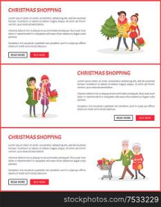 Christmas shopping, people with evergreen tree web pages vector. Pensioners buying present pulling cart, holiday preparation process, purchasing gifts. Christmas Shopping, People with Evergreen Tree Web