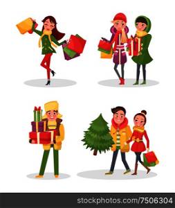 Christmas shopping people with packages and pine vector. Couple of man and woman carrying spruce tree home. Female friends shoppers with paper bags. Christmas Shopping People with Packages and Pine