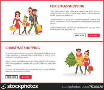 Christmas shopping poster, couple and children with bags full of presents, gift boxes and packages, vector. Happy family with Xmas tree on web page. Christmas Shopping Poster, Couple and Children