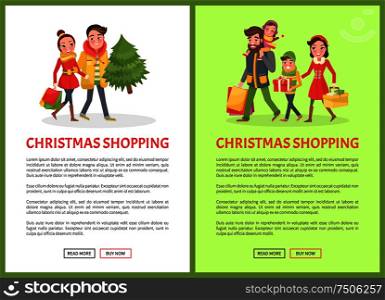Christmas shopping poster, merry couple and Xmas tree, packages. Young family with children getting ready to New Year. Man and woman with spruce, vector. Christmas Shopping Poster Merry Couple, Xmas Tree