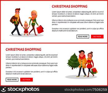 Christmas shopping posters, happy family mother, father and small daughter with bags full of presents and gift boxes. Parents carry Xmas tree, vector. Happy Family Mother Father Small Daughter Shopping