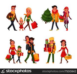 Christmas shopping, preparation to winter holidays set vector. Family made up of mother father and children, people with paper bags and gift boxes. Christmas Shopping, Preparation to Winter Holidays