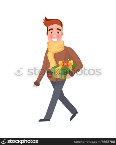 Christmas shopping smiling and going man with red hair. Green present with big bow, yellow scarf and brown sweater with blue trousers and shoes vector. Christmas Shopping Smiling Man with Present Vector