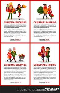 Christmas shopping web pages, text sample set vector. Couple bought fit pine tree for holiday celebration, pensioners pulling cart with goods items. Christmas Shopping Web Pages, Text Sample Set