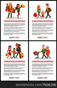 Christmas shopping web pages, woman with bags vector. Elderly people buying gifts to grandchildren, family with paper packages, winter presents set. Christmas Shopping Web Pages, Woman with Bags