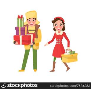 Christmas shopping, winter holidays preparation vector. Lady carrying basket walking by man holding presents in boxes. Gifts decorated with ribbons. Christmas Shopping, Winter Holidays Preparation