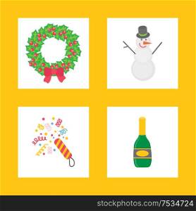 Christmas signs for party in flat style on yellow. Wreath with snowman and colorful confetti with bottle of champagne, vector cartoon illustrations. Christmas Signs for Party in Flat Style Vector