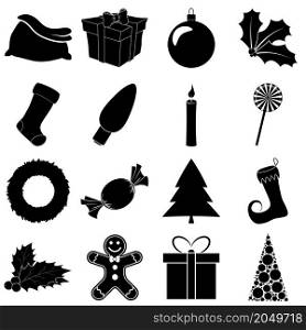 Christmas silhouette icon set. Collection of black december holiday symbol. Black and white illustration isolated on white background.