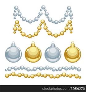 Christmas silver and golden cartoon vector ornaments and beads isolated on white background