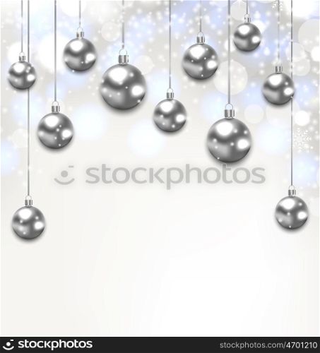 Christmas Silver Glassy Balls on Magic Light Background. Illustration Christmas Silver Glassy Balls on Magic Light Background - Vector