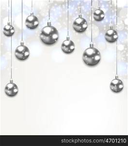 Christmas Silver Glassy Balls on Magic Light Background. Illustration Christmas Silver Glassy Balls on Magic Light Background - Vector