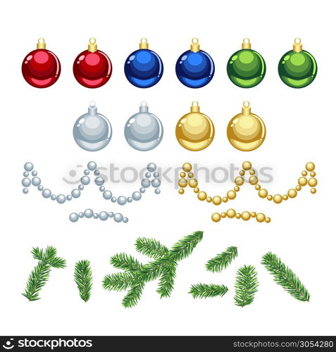 Christmas silver,golden, red, green, blue cartoon vector ornaments and beads, fir tree branches isolated on white background