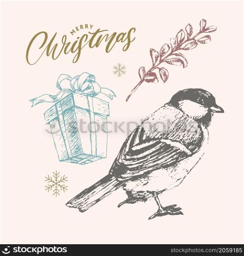 Christmas sketch vector plants, holly berry, christmas tree, pine, leaves branches, holiday decoration, winter symbols Vintage nature. Christmas sketch vector holly berry, christmas tree, pine, leaves branches, holiday decoration, winter symbols Vintage nature illustration