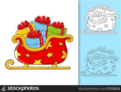 Christmas sleigh santa claus with gifts. Set of vector illustrations isolated on white and colored background. Design element. Black stroke. Cartoon style.