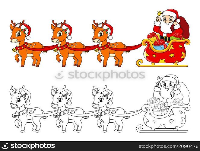 Christmas sleigh. Santa claus with gifts. Winter deer. Christmas theme. Coloring book page for kids. Cartoon style. Vector illustration isolated on white background.