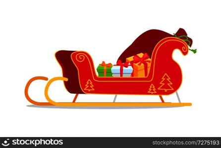 Christmas sleigh with presents vector illustration isolated on white. Red Santa&rsquo;s sledge with New Year tree ornament, full of gift boxes cartoon style. Christmas Sleigh with Presents Vector Illustration