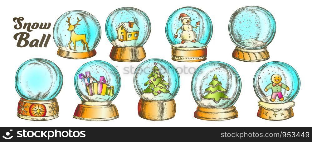 Christmas Snow Balls Souvenir Vintage Set Vector. Collection Different Toys In Glass Snow Balls. Xmas Present Decoration Sphere Template Designed In Retro Style Color Illustrations. Christmas Snow Balls Souvenir Color Vintage Set Vector