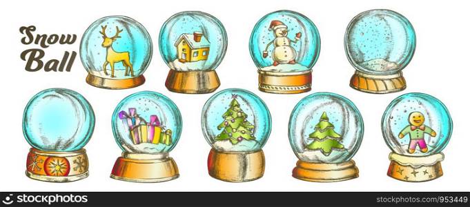 Christmas Snow Balls Souvenir Vintage Set Vector. Collection Different Toys In Glass Snow Balls. Xmas Present Decoration Sphere Template Designed In Retro Style Color Illustrations. Christmas Snow Balls Souvenir Color Vintage Set Vector