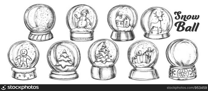 Christmas Snow Balls Souvenir Vintage Set Vector. Collection Different Toys In Glass Snow Balls. Xmas Present Decoration Sphere Template Designed In Retro Style Monochrome Illustrations. Christmas Snow Balls Souvenir Vintage Set Vector