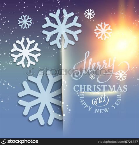 Christmas snow card with glow sparks over blue background. Vector illustration.