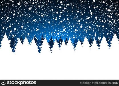 Christmas snow forest with Christmas trees and snowflakes on a blue background.. Christmas snow forest with Christmas trees and snowflakes