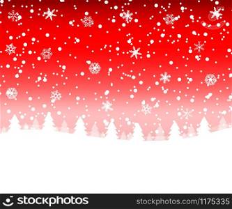 Christmas snow forest with Christmas trees and snowflakes on a red background.. Christmas snow forest with Christmas trees and snowflakes