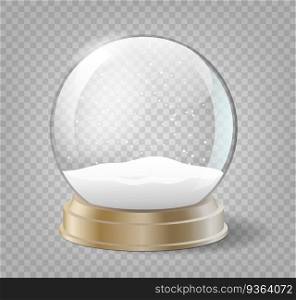 Christmas snow globe on transparent background. Glass sphere with snow for winter holiday events and decorations. Xmas snowball template. Vector illustration. Christmas snow globe on transparent background. Glass sphere with snow for winter holiday events