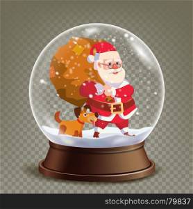 Christmas Snow Globe Realistic Vector. Cute Santa Claus With Gifts. Realistic 3d Snow Globe Toy. Winter Xmas Design Element. Isolated On Transparent Background Illustration. Christmas 3d Classic Xmas Snow Globe Vector. Cartoon Santa Claus With Gifts. Glass Sphere With Glares And Gighlights. Isolated On Transparent Background Illustration