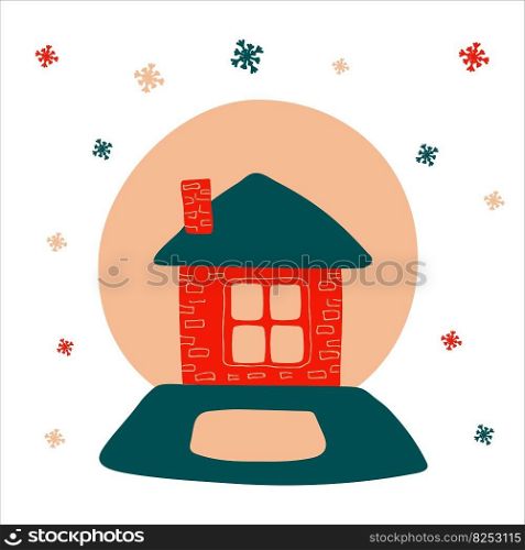 Christmas snow globe with a cozy house inside on a white background with a pattern of snowflakes in scandinavian hand drawn style. Vector illustration, one simple bright object, square format.. Christmas snow globe with a cozy house inside on a white background with a pattern of snowflakes in scandinavian hand drawn style. Vector illustration, one simple bright object, square format