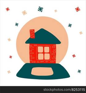 Christmas snow globe with a cozy house inside on a white background with a pattern of snowflakes in scandinavian hand drawn style. Vector illustration, one simple bright object, square format.. Christmas snow globe with a cozy house inside on a white background with a pattern of snowflakes in scandinavian hand drawn style. Vector illustration, one simple bright object, square format
