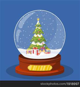 Christmas snow globe with Christmas tree. Merry christmas holiday. New year and xmas celebration. Vector illustration in flat style. Christmas snow globe with Christmas tree
