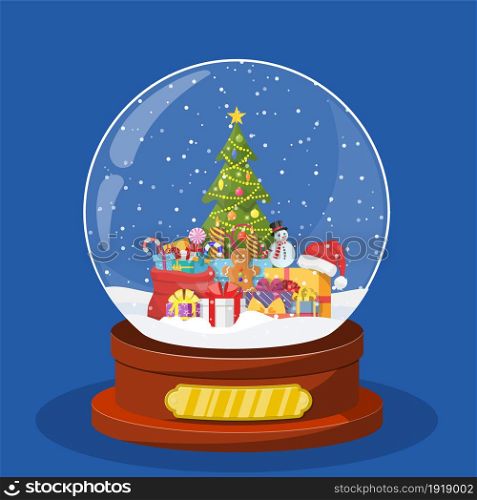 Christmas snow globe with Christmas tree. Merry christmas holiday. New year and xmas celebration. Vector illustration in flat style. Christmas snow globe with Christmas tree